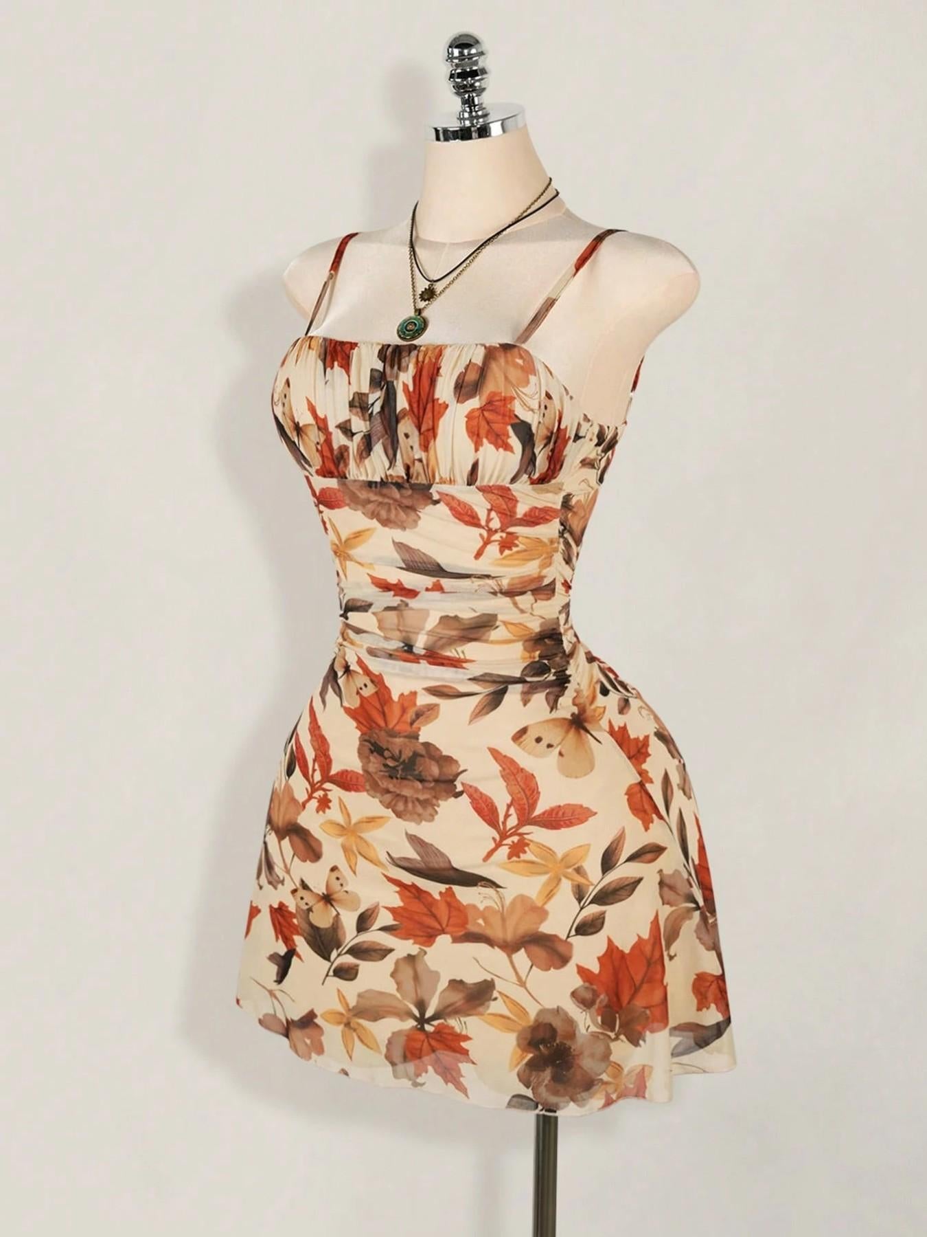 VVZ Women's Vintage Maple Leaf Print Ruched Mini Dress
