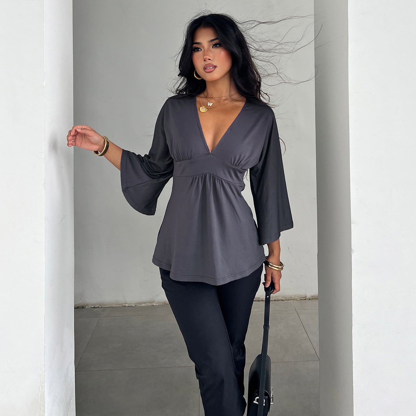 VVZ Women's V-Neck Pleated Batwing Sleeves