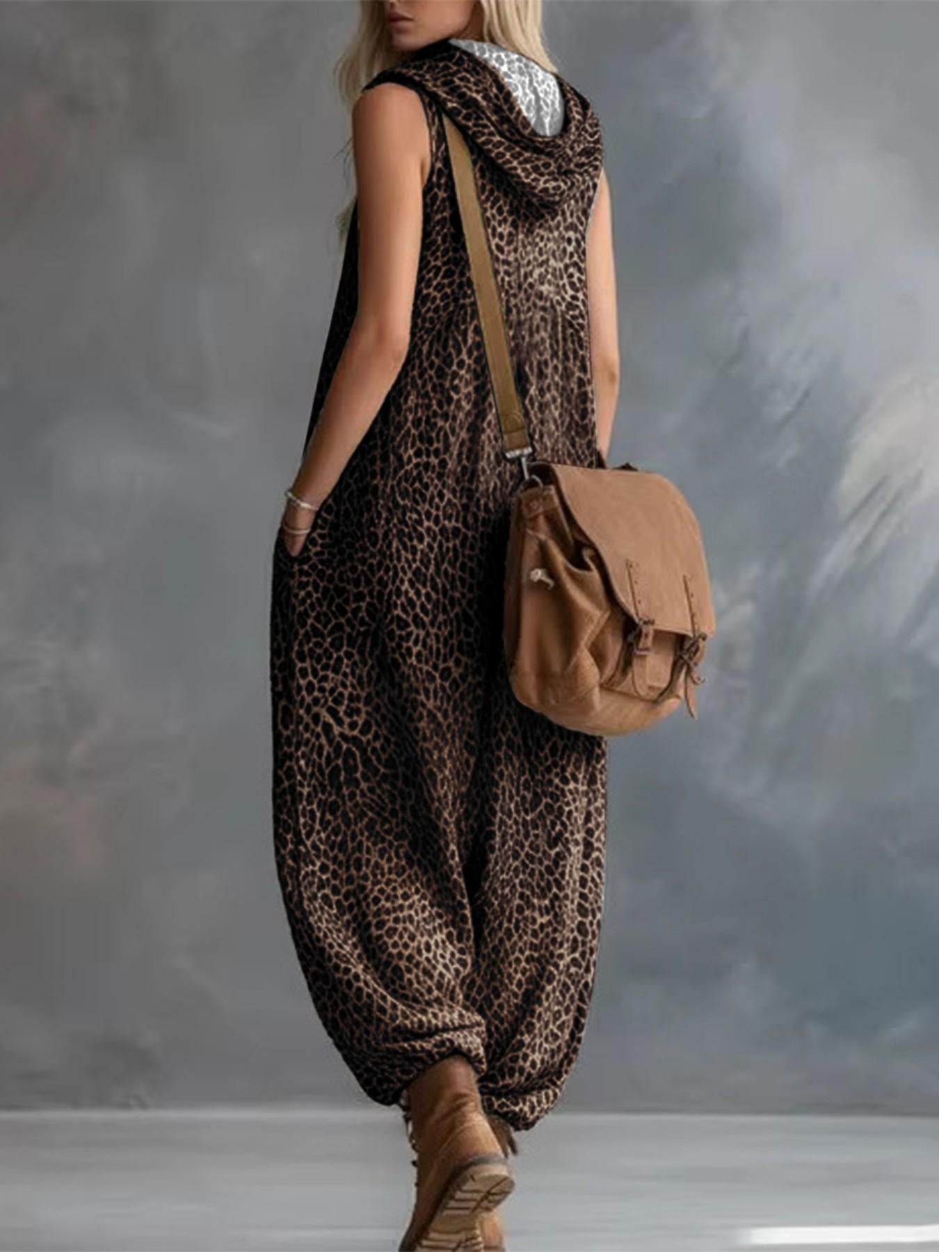 VVZ Women's Summer Leopard Print Hooded Zip-Up Jumpsuit