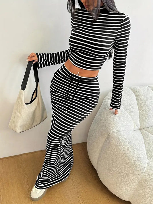 VVZ Women's Striped Print Long Sleeve Top & Skirt Two-Piece Set