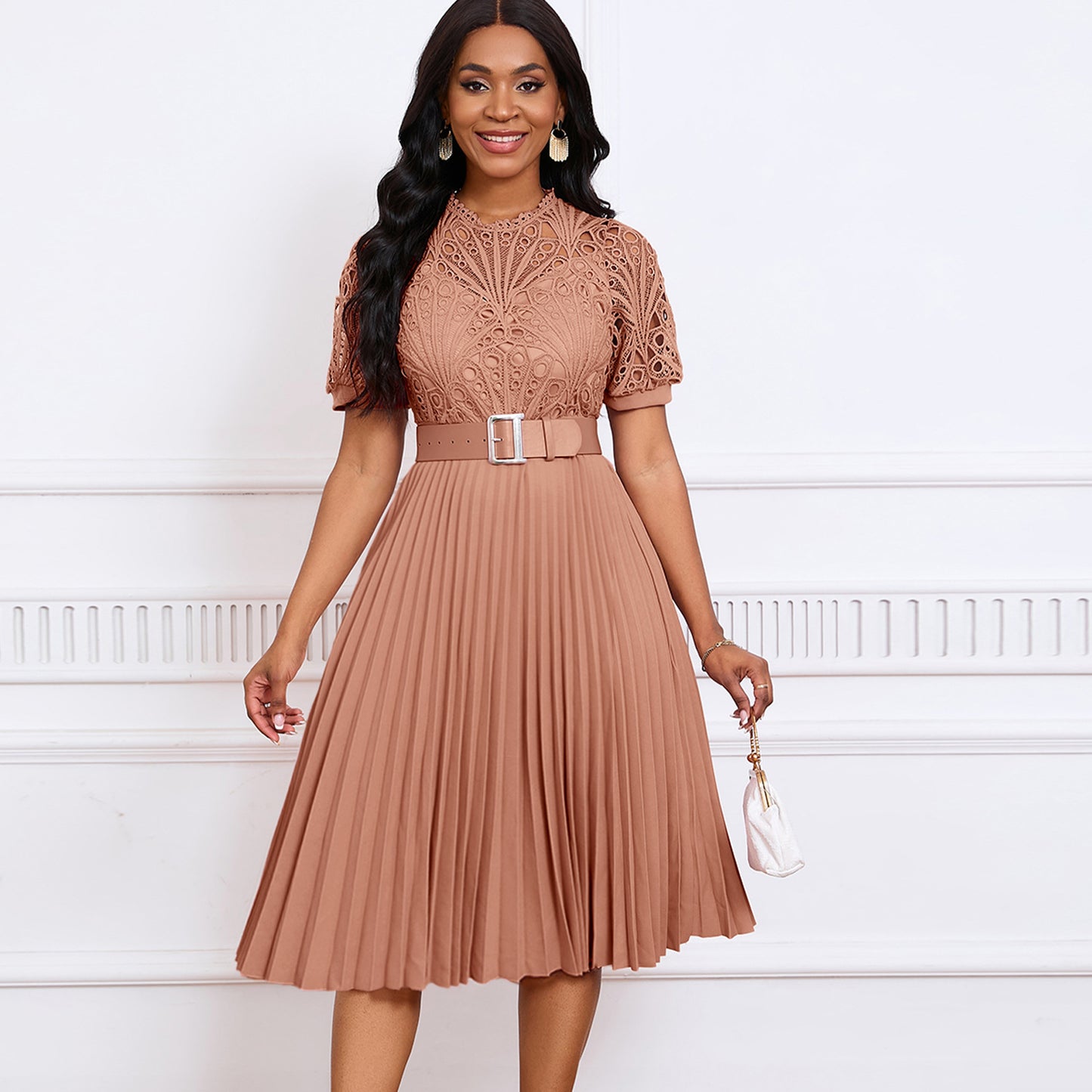 VVZ Women's Solid-Color Round-Neck Puff-Sleeve Mini Dress