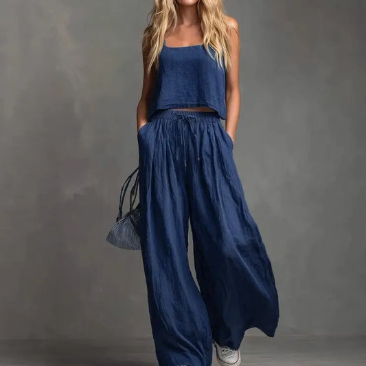 VVZ Spring/Summer Women's Solid-Color Casual Strappy Top and Wide-Leg Pants Set