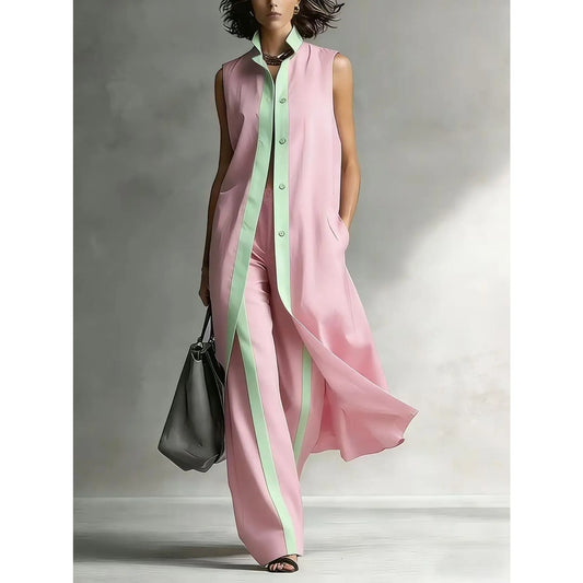 VVZ Sleeveless Long Vest and Wide-Leg Pants Set