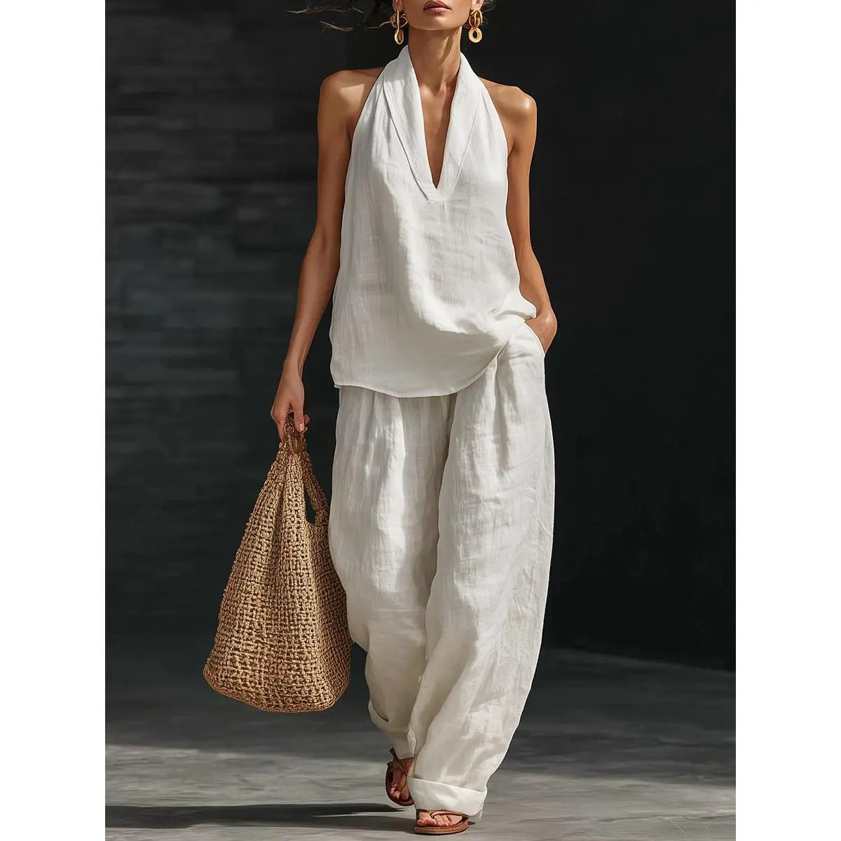 VVZ Women's Casual Two-Piece Set: Halter-Neck, Sleeveless, V-Neck
