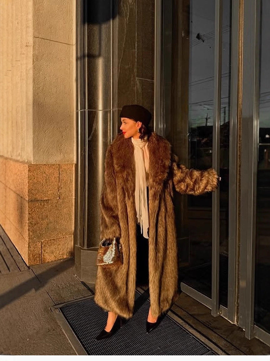 VVZ Women's Solid Color Open Faux Fur Coat, Elegant Long Sleeve Waterfall Collar Outerwear