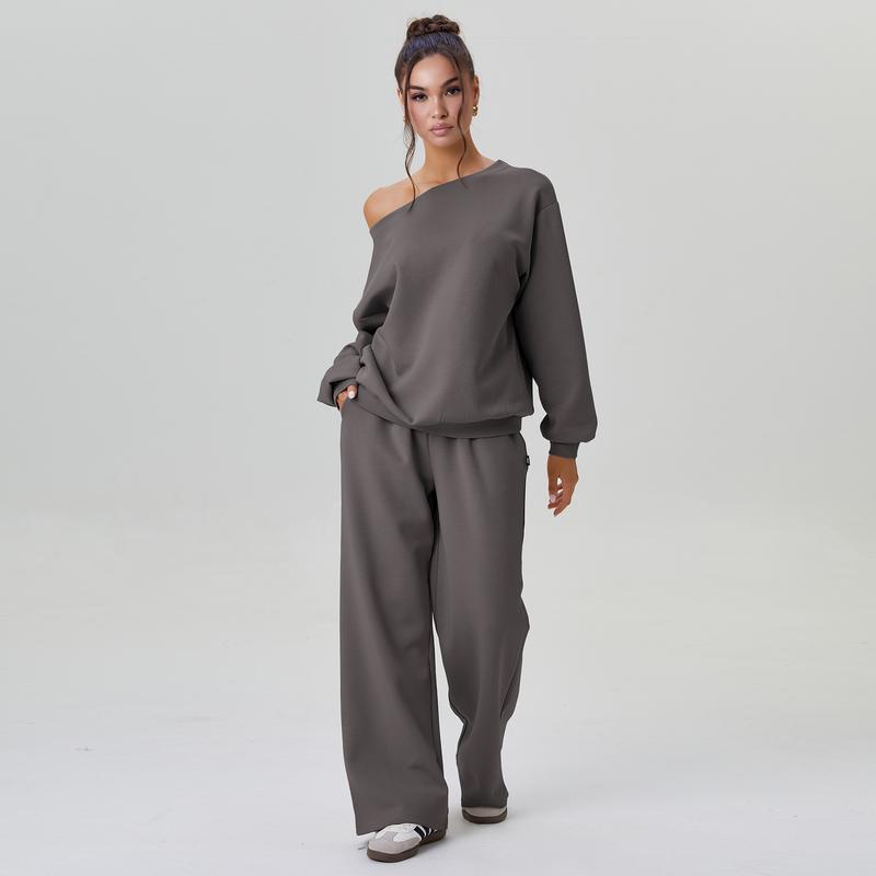 VVZ Women's Leisure Solid Color Sloping Shoulder Trousers Two Piece