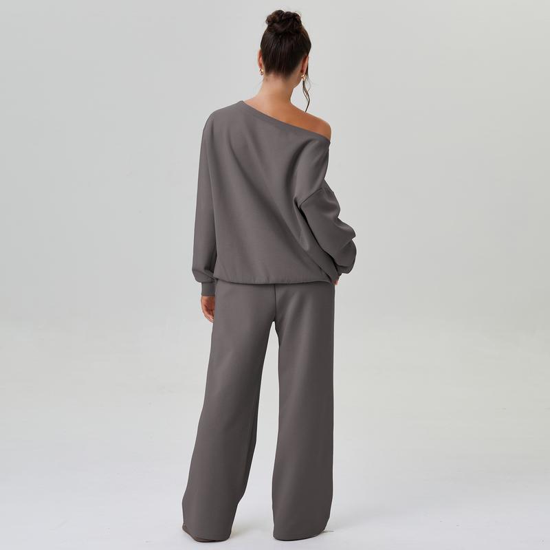 VVZ Women's Leisure Solid Color Sloping Shoulder Trousers Two Piece
