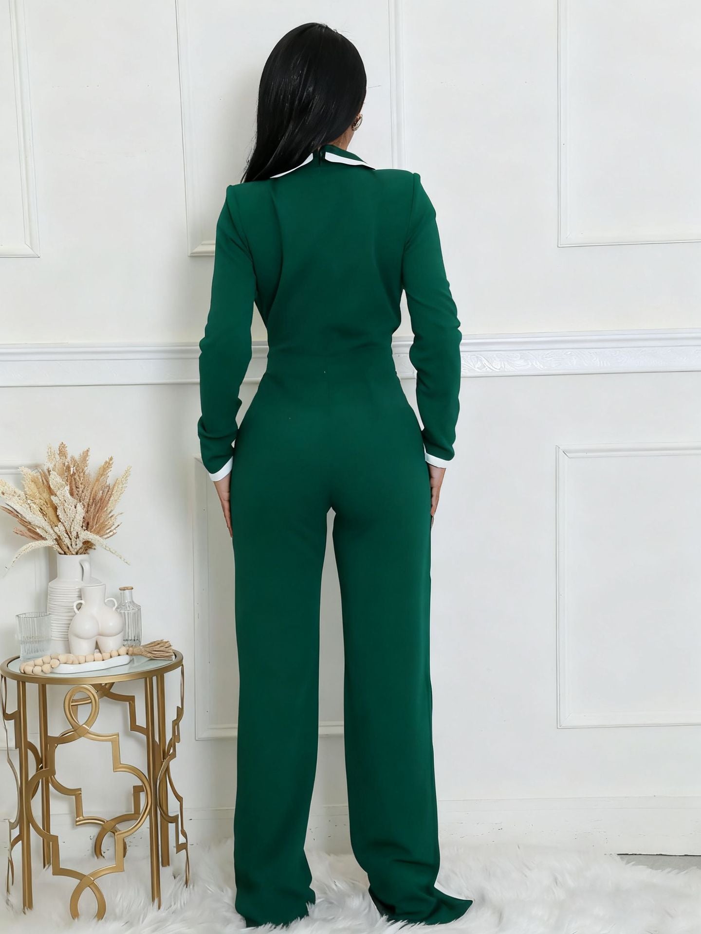 VVZ Women's Color-Block Patchwork Lapel Jumpsuit with Shoulder Pads