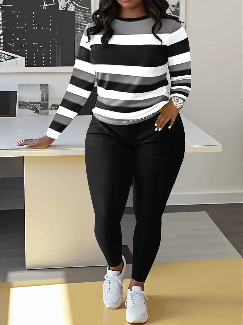VVZ Color Block Crew Neck Top & Solid Color Pants Set