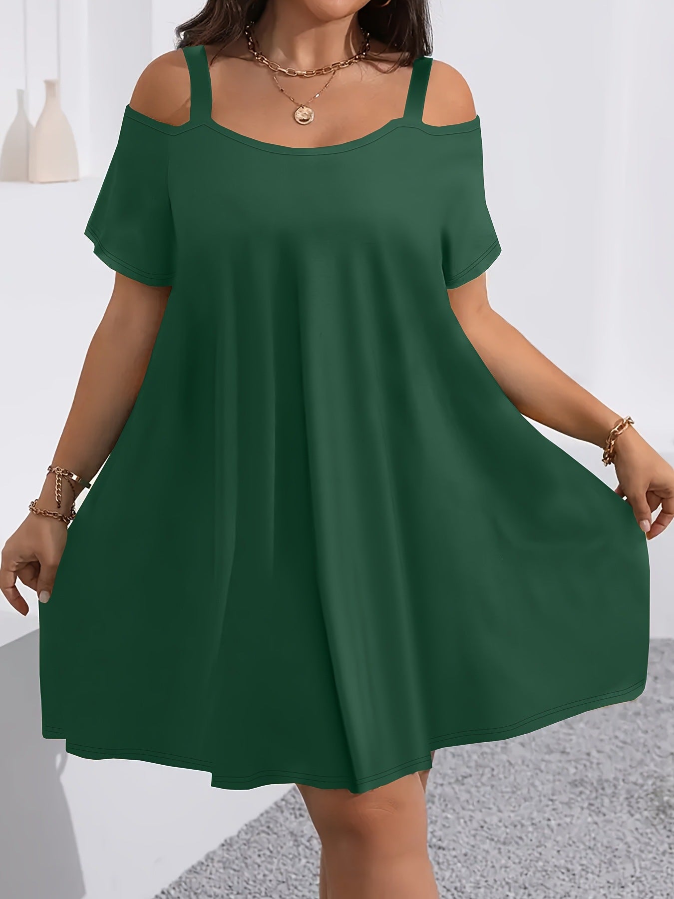 VVZ Plus-Size Women's Casual Midi Dress: Crew Neck, Short Sleeve, Cold-Shoulder, Slim Fit