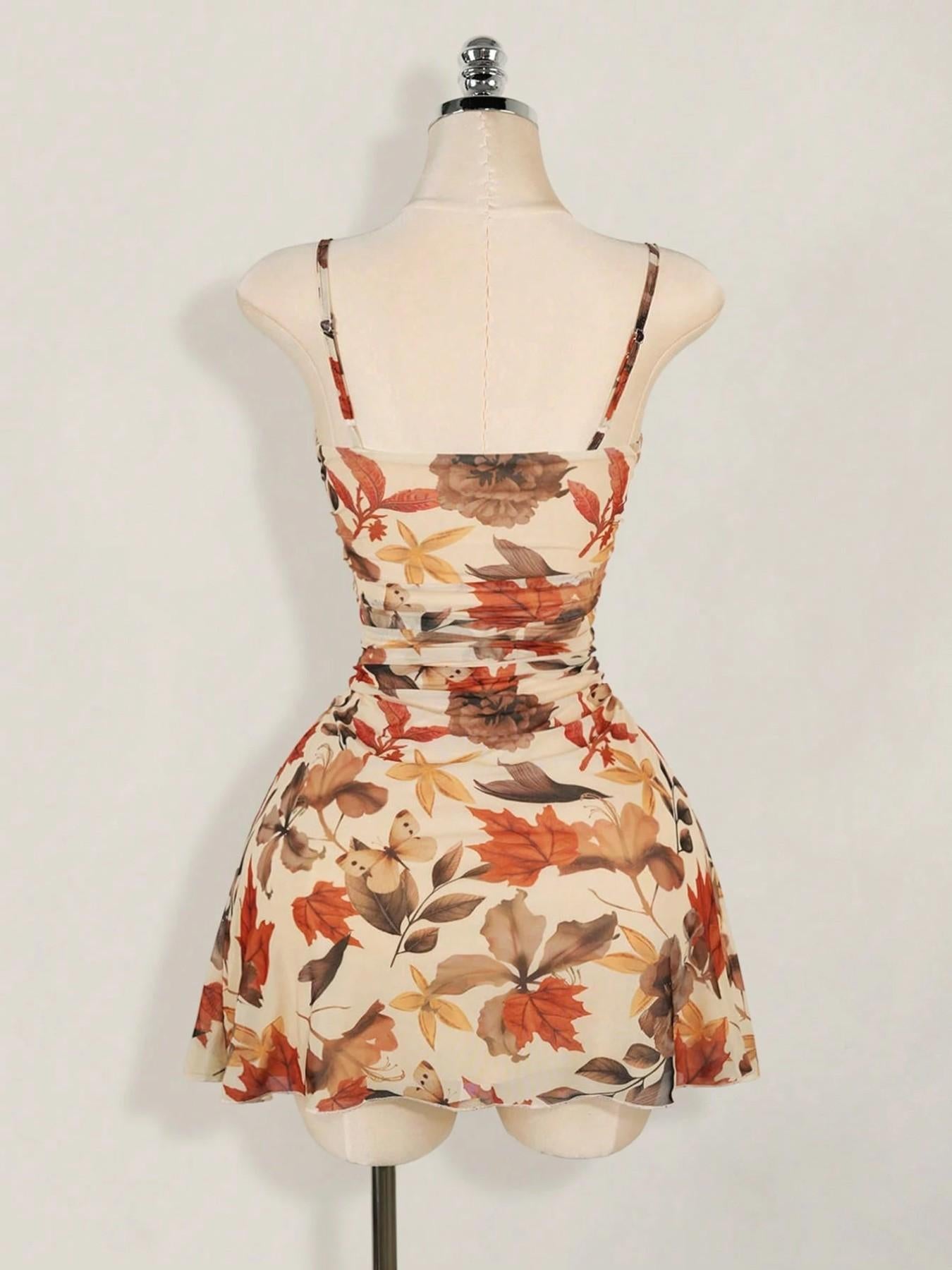 VVZ Women's Vintage Maple Leaf Print Ruched Mini Dress