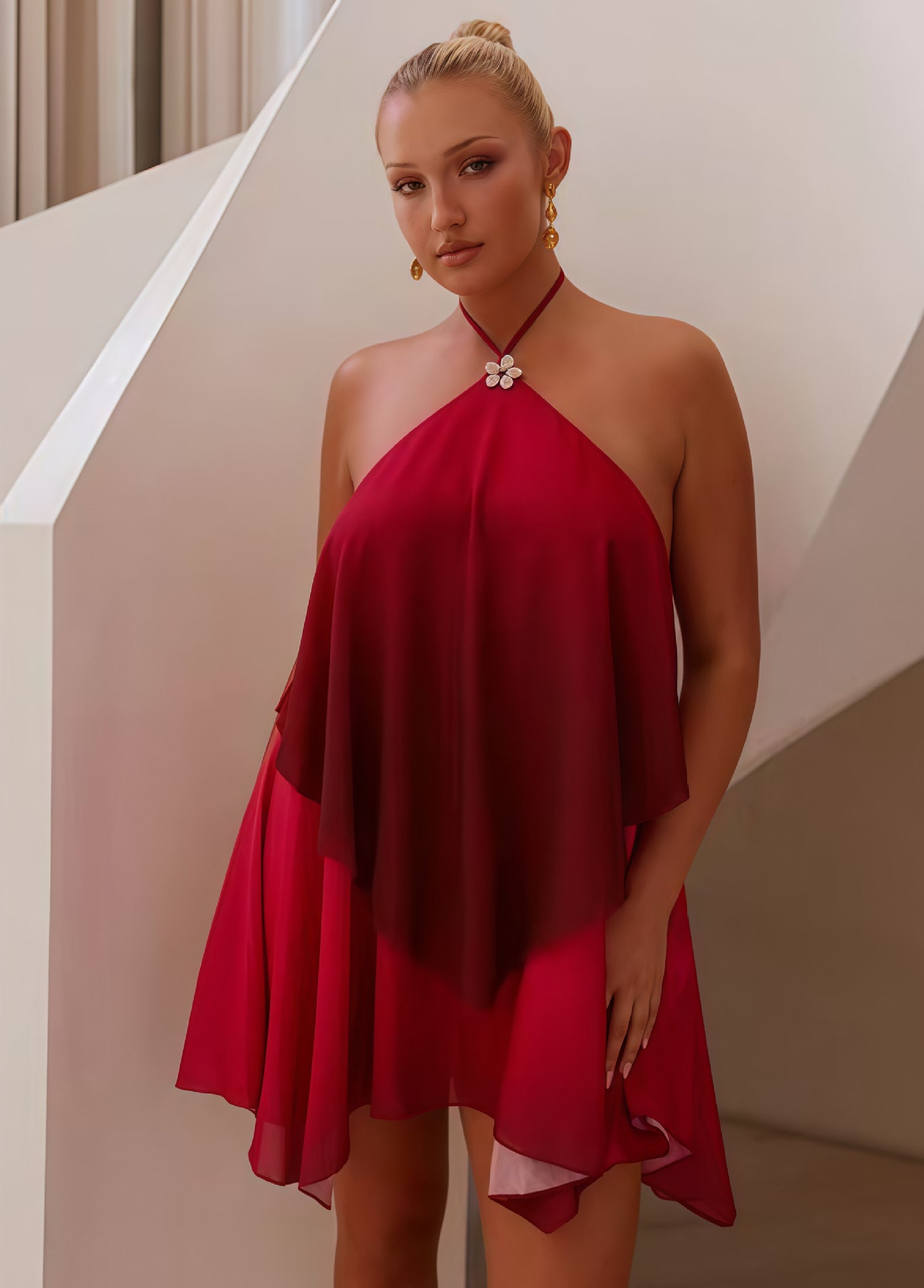 VVZ Loose-Fit Mesh Halter Dress with Gradient Color