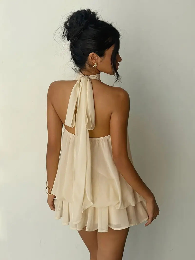 VVZ  Women's Summer Casual Fashion Halter Tie Back Mini Dress