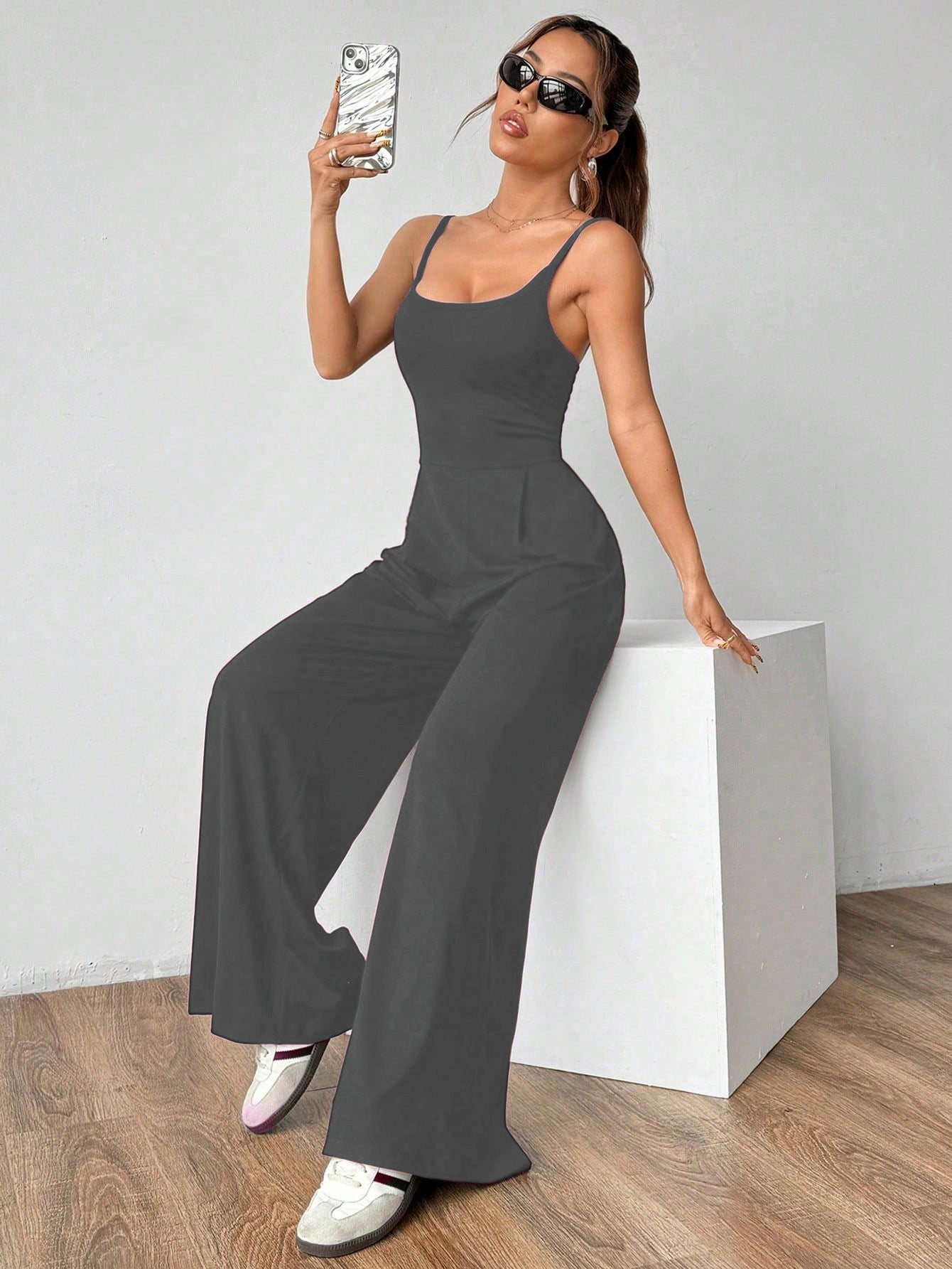 VVZ Women's Solid-Color Backless Pleated Spaghetti-Strap Jumpsuit