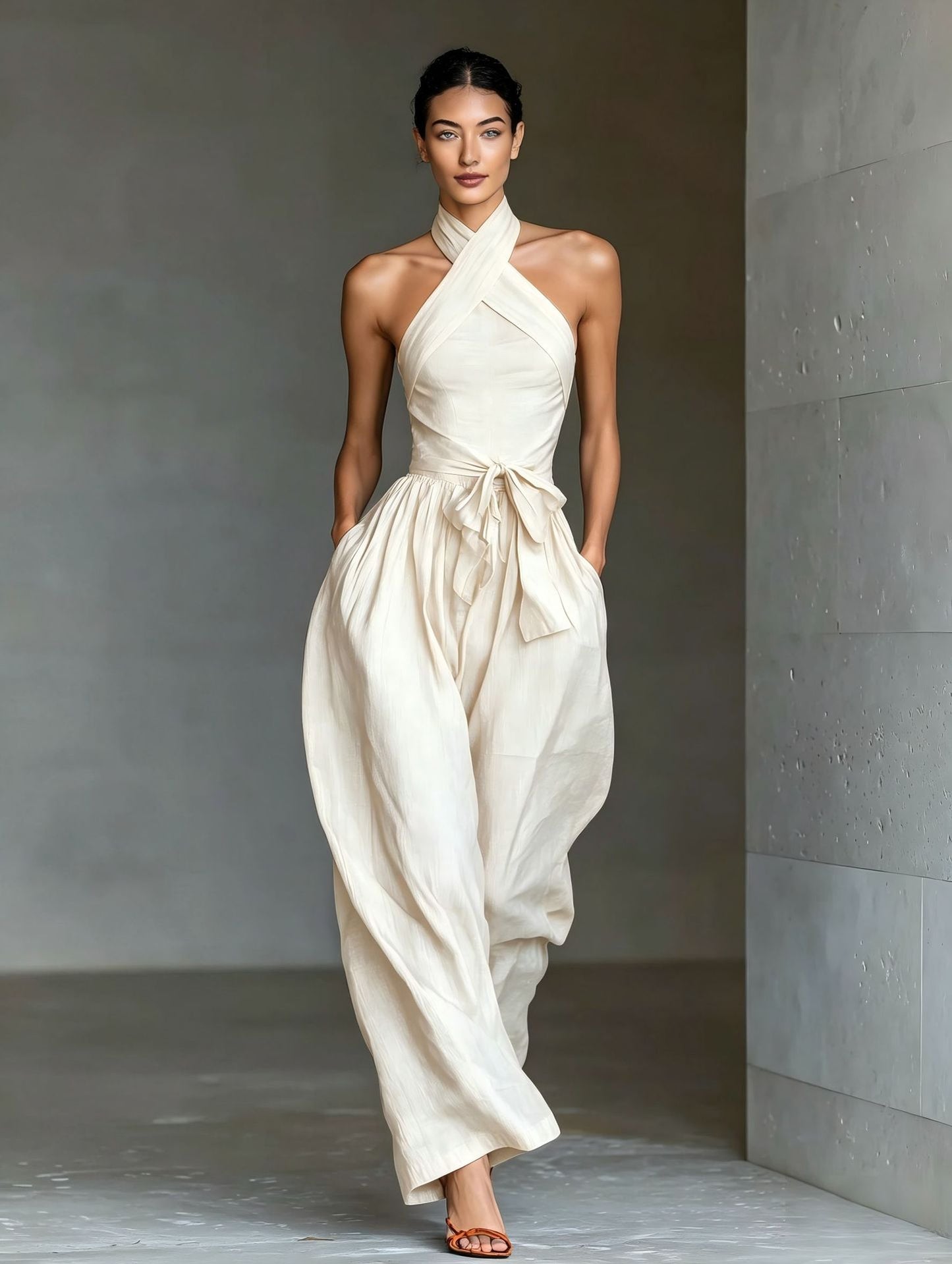 VVZ Women's Solid-Color Sleeveless Halter-Neck Tie-Front Jumpsuit