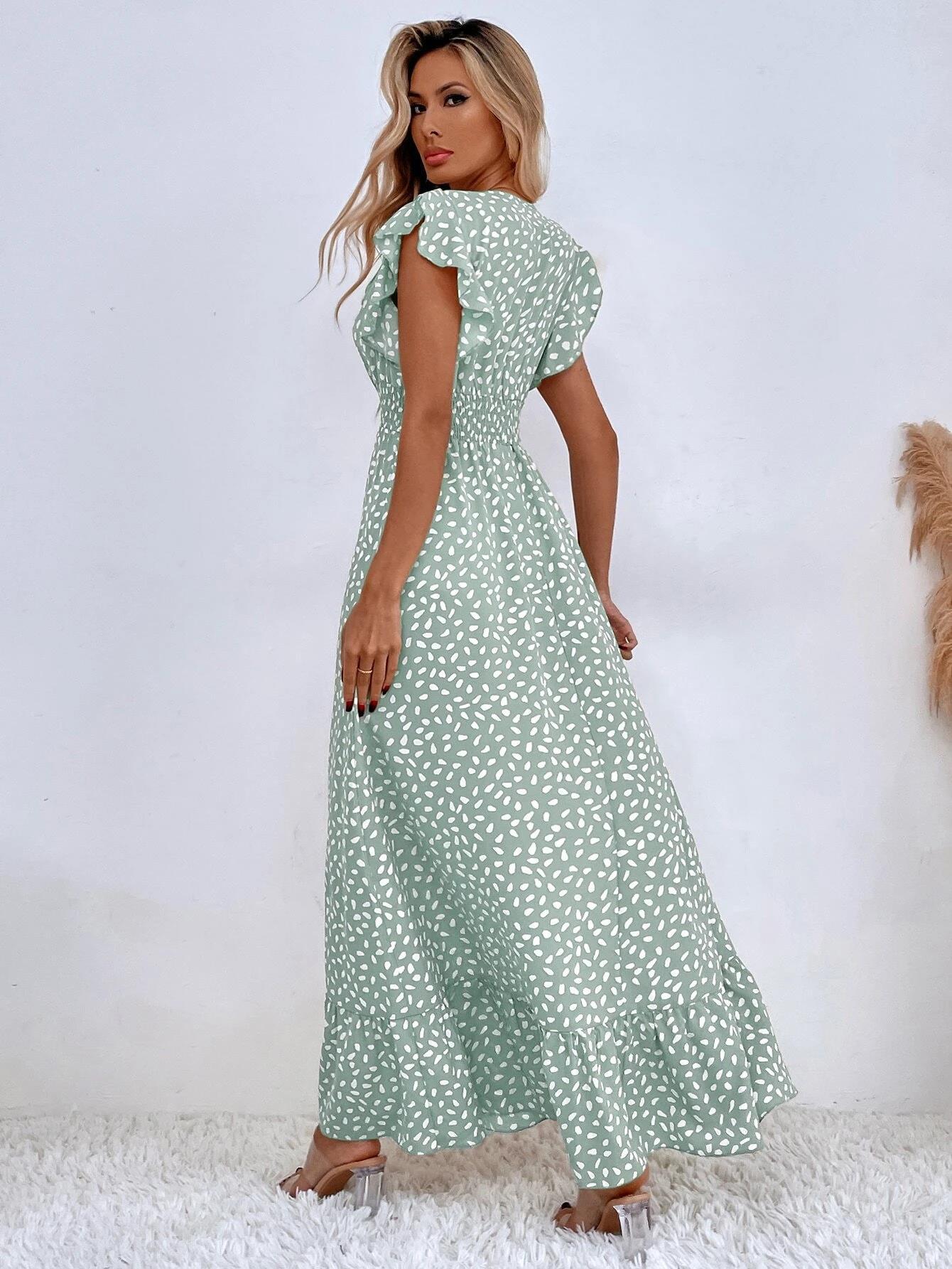 VVZ Women's Floral V-Neck Ruffled Waist-Cinching Slim-Fit Dress