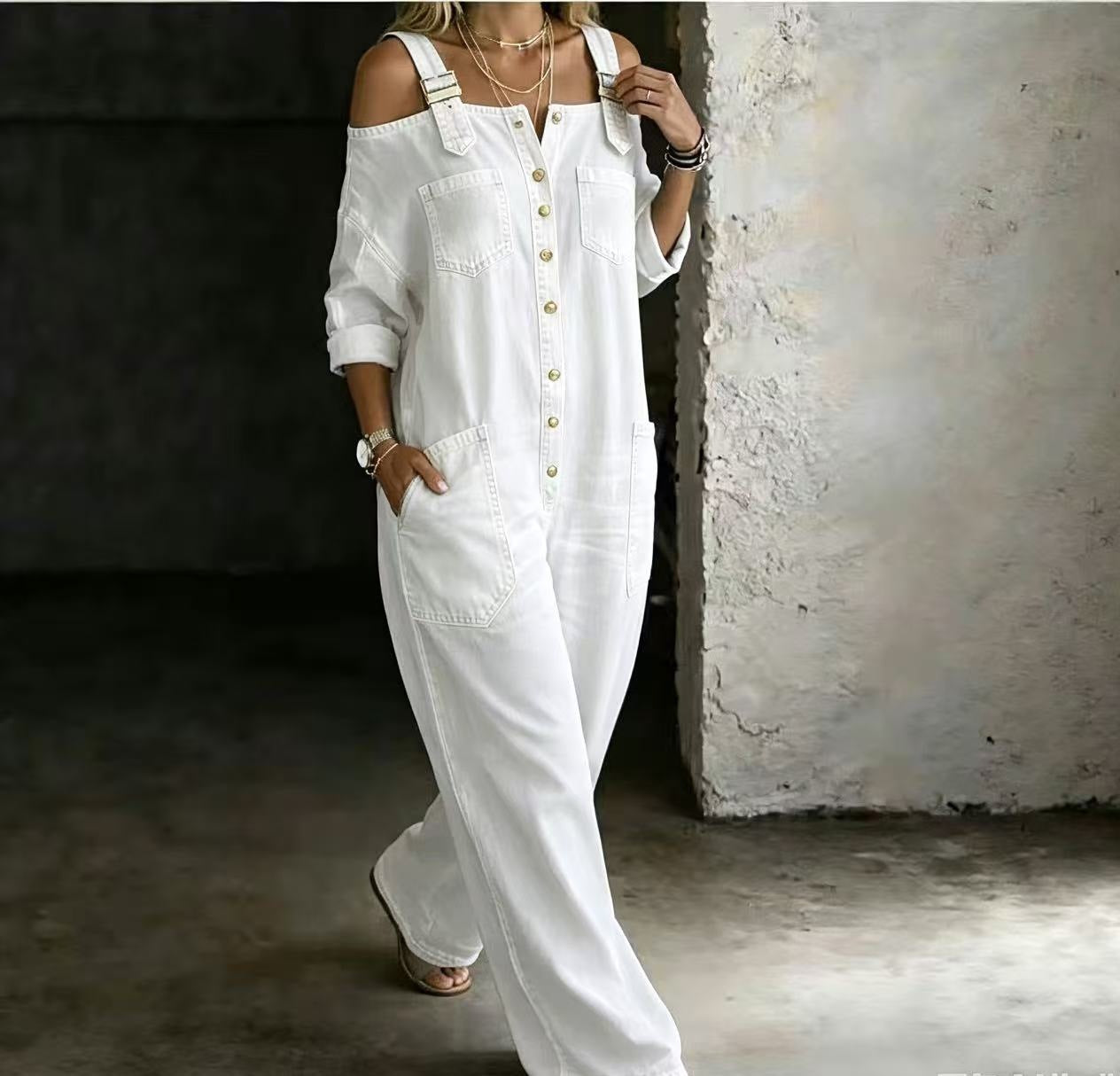 VVZ Women's Sexy Off-Shoulder Denim Jumpsuit