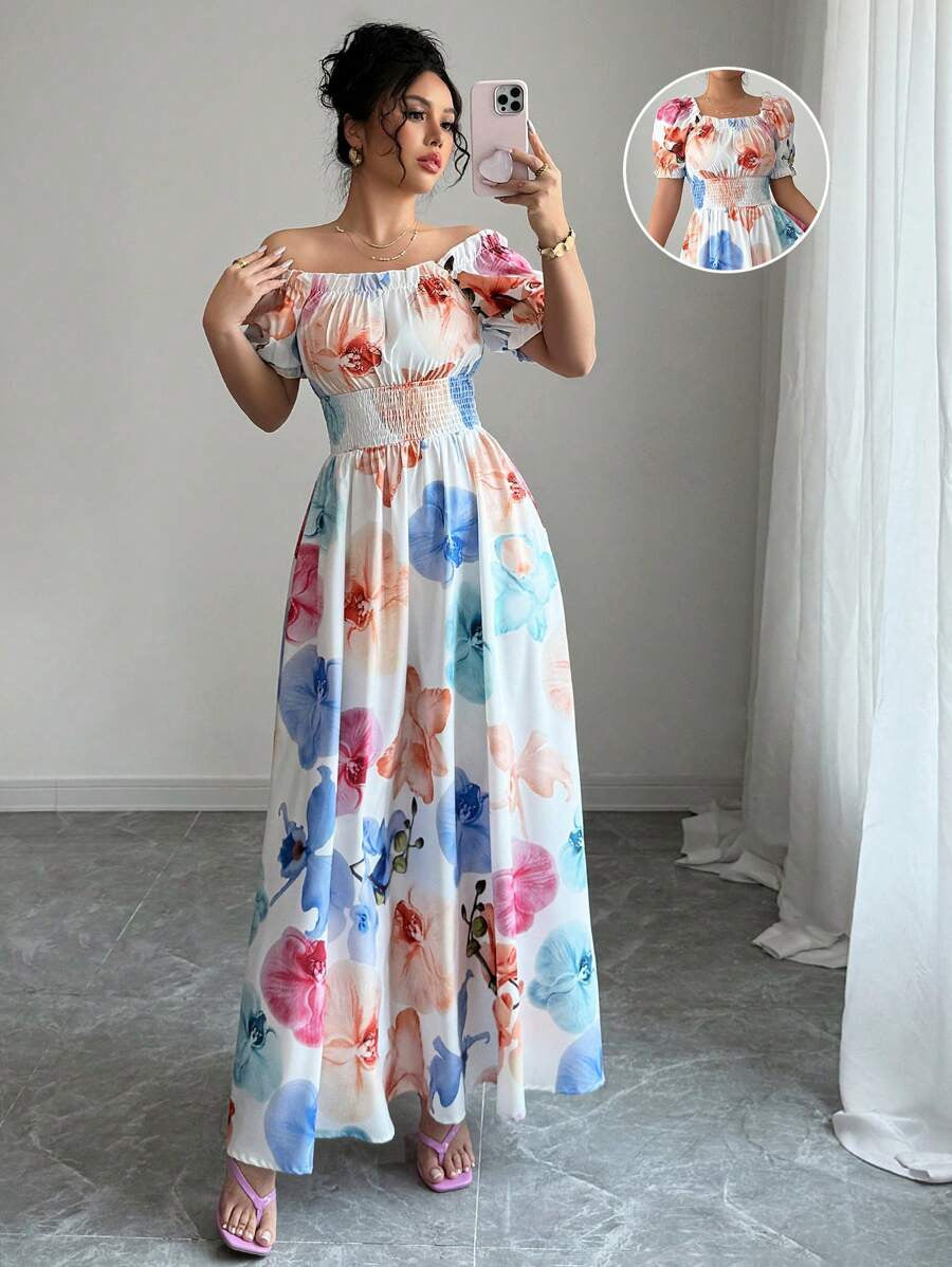 VVZ Printed puff-sleeve dress with a fitted waist