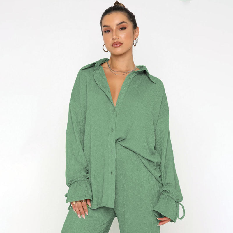 VVZ Women's Solid-Color Collared Button-Down Shirt and Slit-Hem Trousers Set