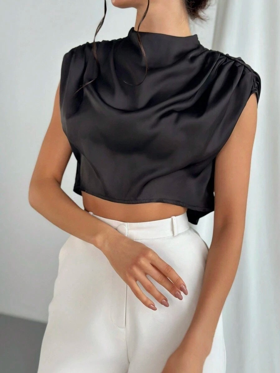 VVZ Women's Solid-Color Satin Cropped Shirt