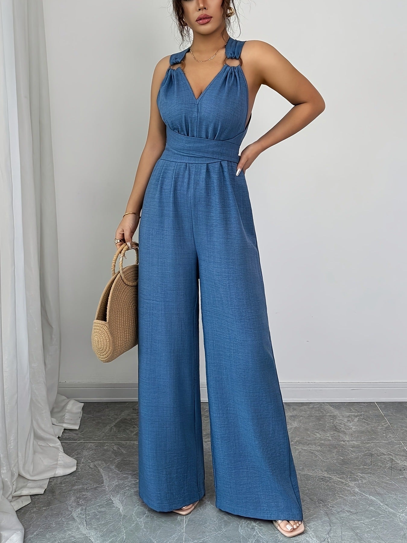 VVZ V-Neck, Tie-Waist, Wide-Leg Jumpsuit