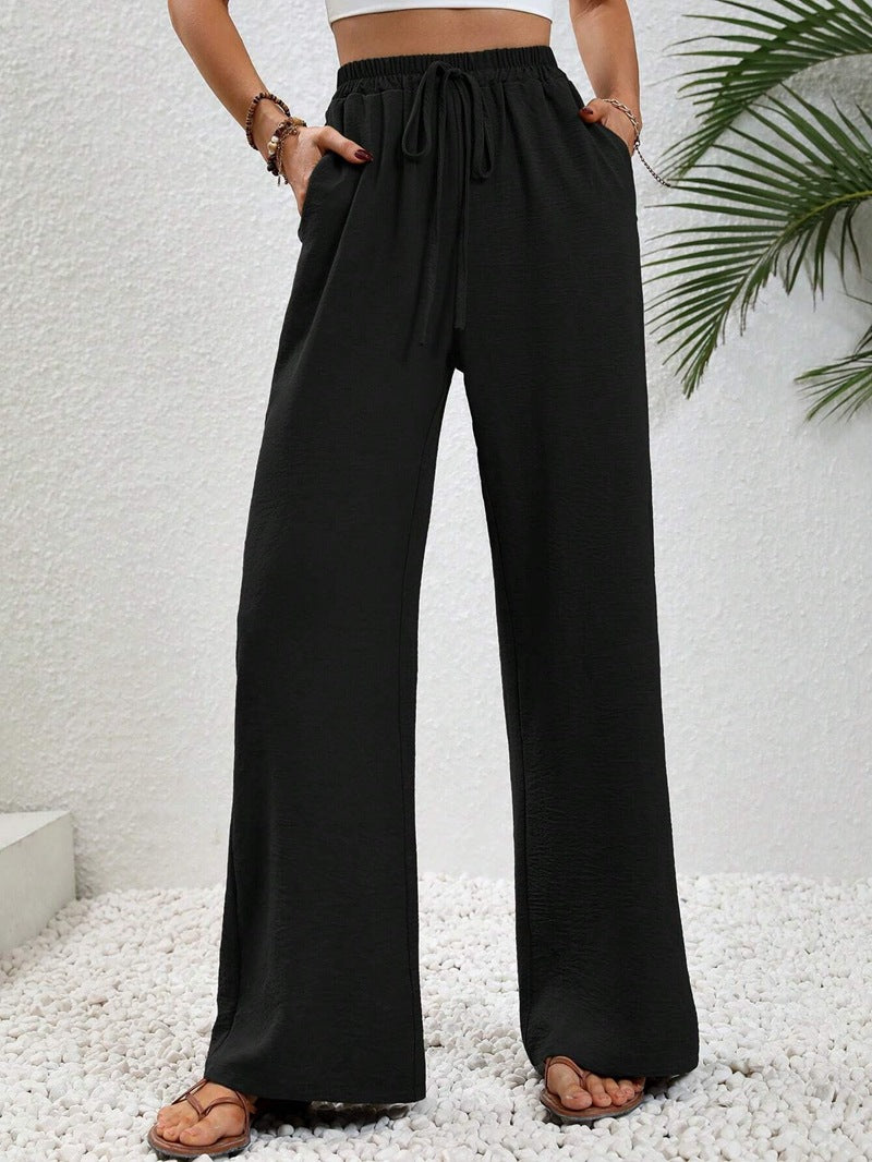 VVZ Women's Solid-Color Straight-Leg Pants with Pockets and Front Tie Closure