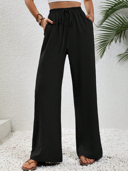 VVZ Women's Solid-Color Straight-Leg Pants with Pockets and Front Tie Closure