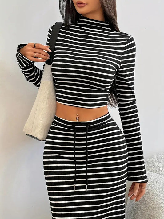 VVZ Women's Striped Print Long Sleeve Top & Skirt Two-Piece Set