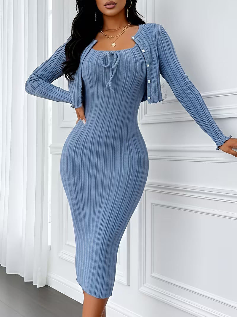 VVZ Women's Solid Button Front Crop Top & Ribbed Bodycon Dress Set