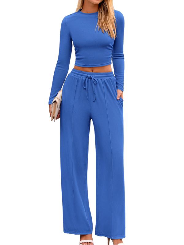 VVZ 2-Piece Ribbed Knit Long Sleeve Crop Top Wide Leg Pants Matching Lounge Set Loungewear