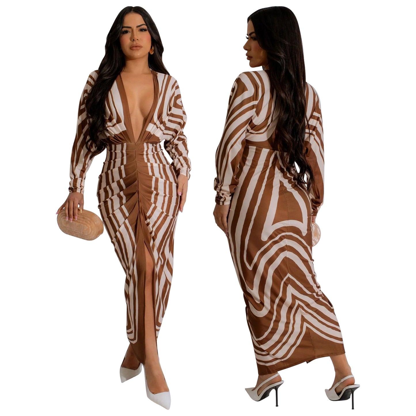 VVZ V Neck Long Sleeve Folds Sling Skinny Dresses