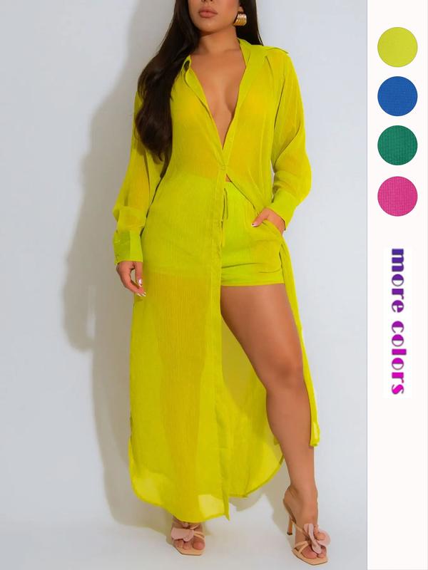 VVZ Women's Solid Color Button Front Shirt & Shorts Two-Piece Set