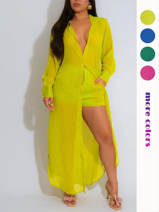 VVZ Women's Solid Color Button Front Shirt & Shorts Two-Piece Set