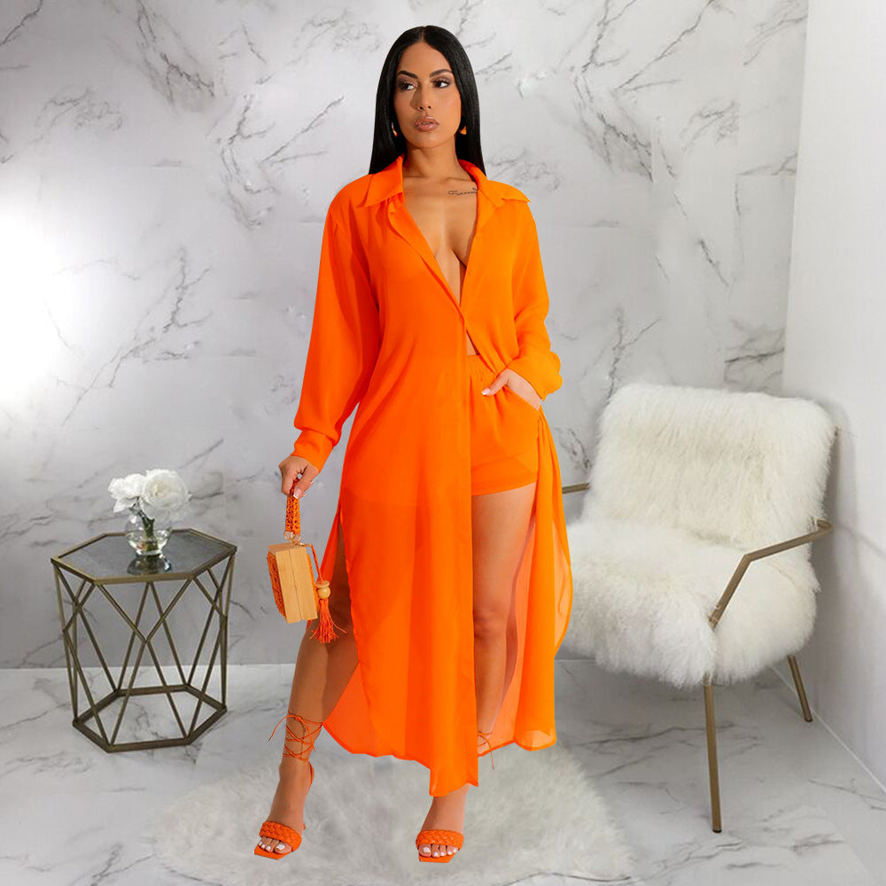 VVZ Women's Solid Color Button Front Shirt & Shorts Two-Piece Set