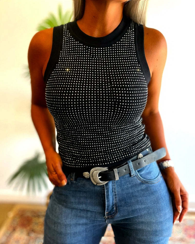 VVZ Women's Rhinestone Decorated Round Neck Sleeveless Slim Fit Ribbed Vest