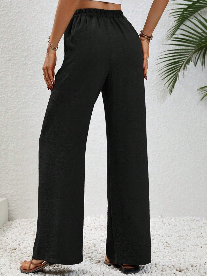 VVZ Women's Solid-Color Straight-Leg Pants with Pockets and Front Tie Closure