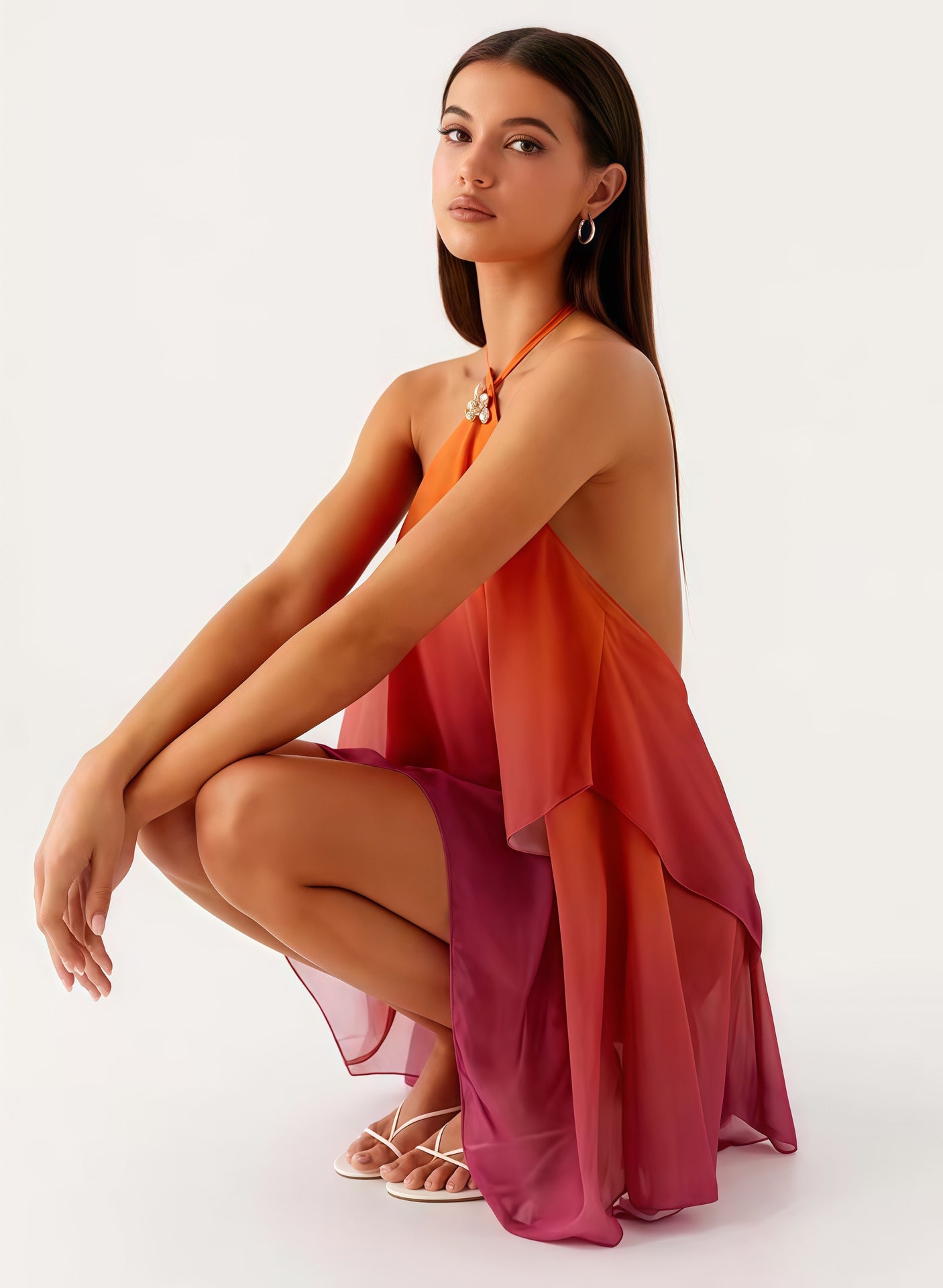 VVZ Loose-Fit Mesh Halter Dress with Gradient Color