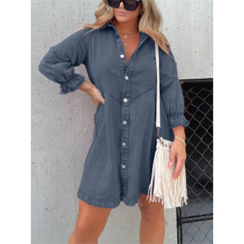 VVZ Washed Denim Puff-Sleeve Mini Dress