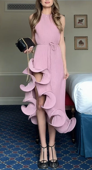 VVZ Irregular Ruffle, Sleeveless, Tie-Waist, Slim-Fit Dress