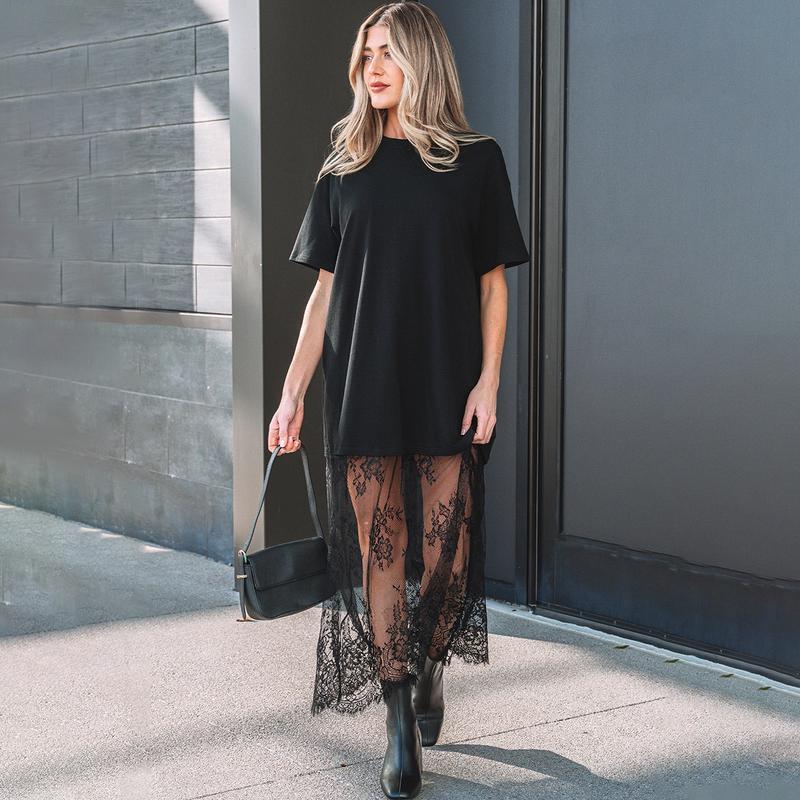 VVZ Women's Black Loose-Fit T-Shirt Maxi Dress