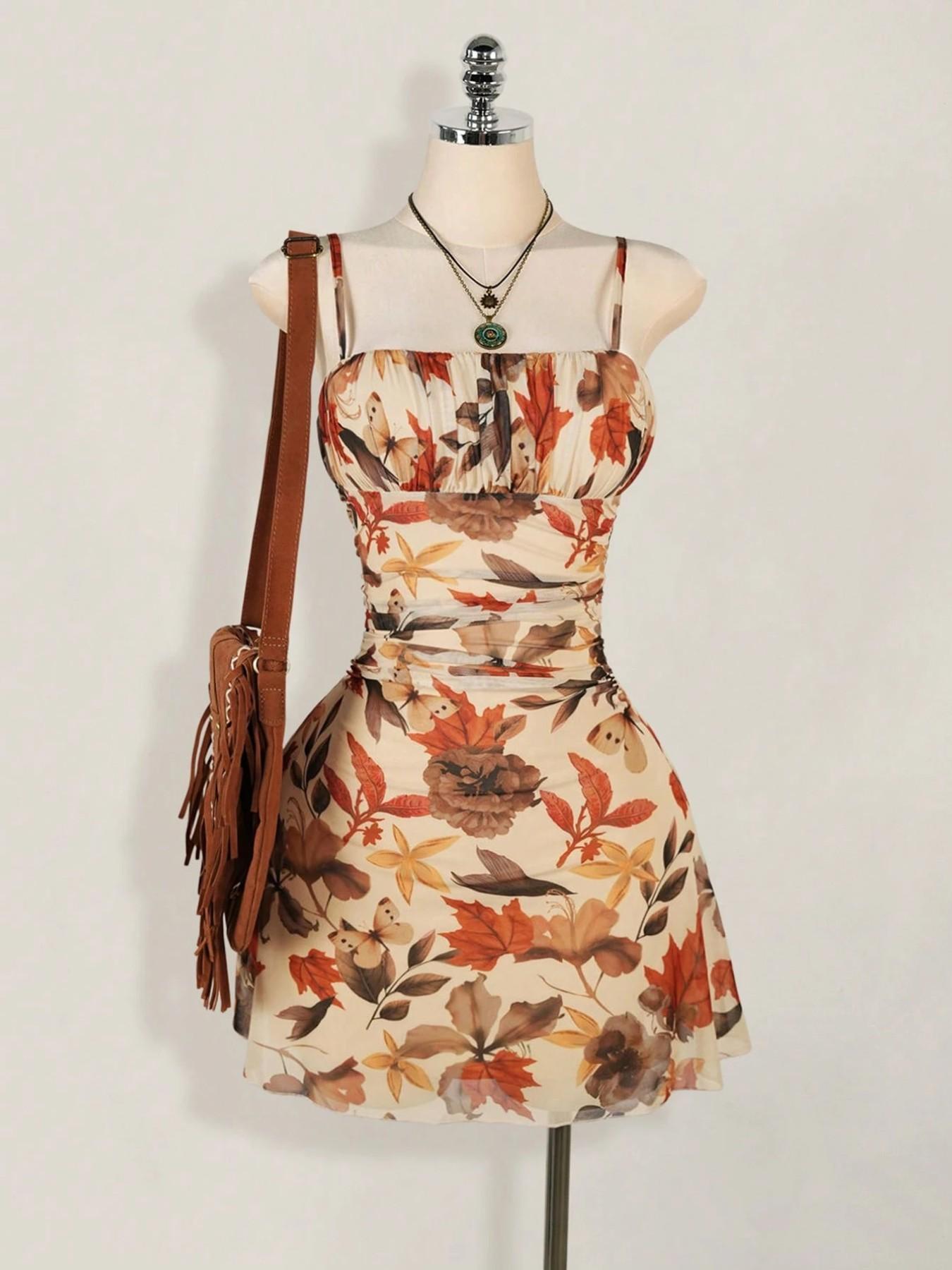 VVZ Women's Vintage Maple Leaf Print Ruched Mini Dress