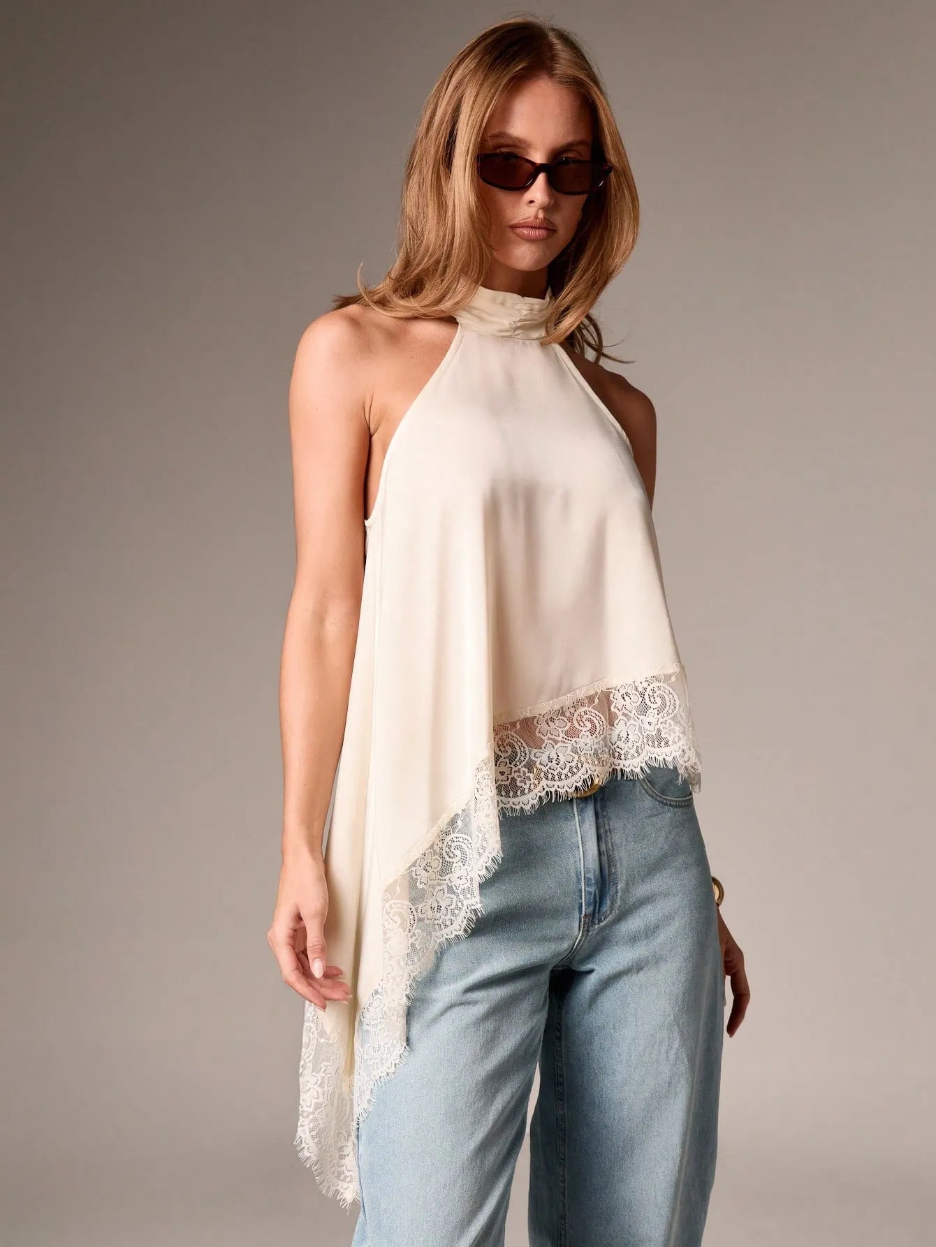VVZ Women's Halter Top — Summer Sleeveless, Backless Camisole with Asymmetrical Lace Hem