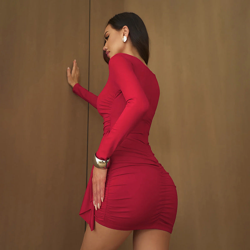 VVZ Women's Fashion Plain Ruched Long Sleeve Fitted Dress