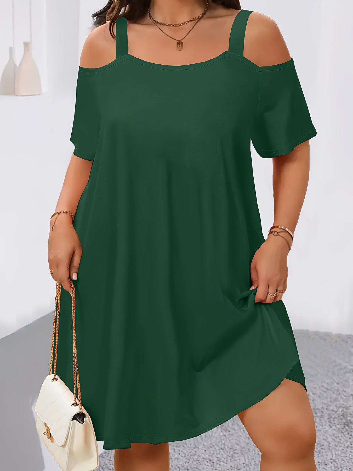 VVZ Plus-Size Women's Casual Midi Dress: Crew Neck, Short Sleeve, Cold-Shoulder, Slim Fit