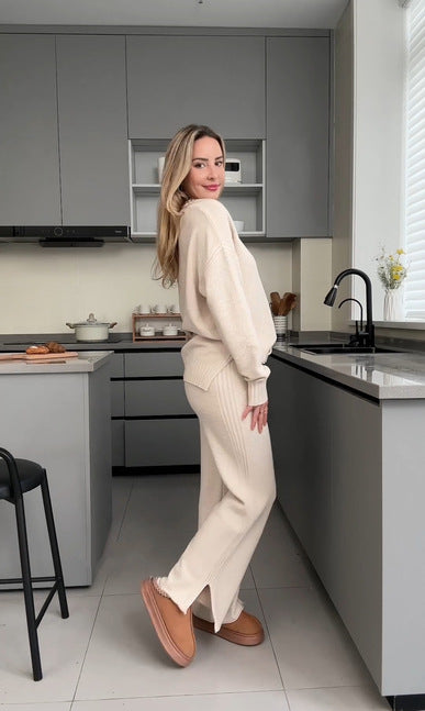VVZ Women'S Oversized Round Neck Sweater & Wide-Leg Pants Two-Piece Set