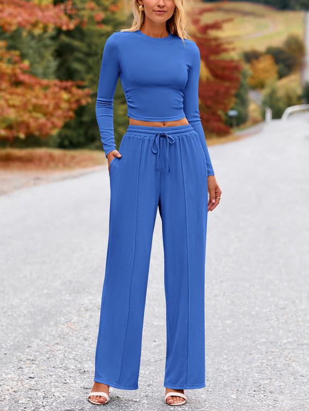VVZ 2-Piece Ribbed Knit Long Sleeve Crop Top Wide Leg Pants Matching Lounge Set Loungewear