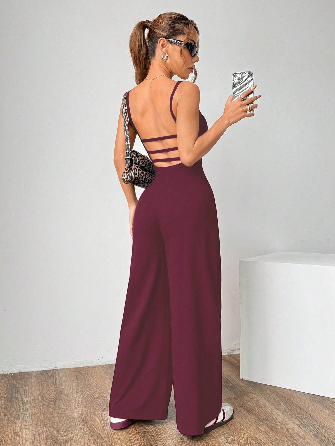 VVZ Women's Solid-Color Backless Pleated Spaghetti-Strap Jumpsuit