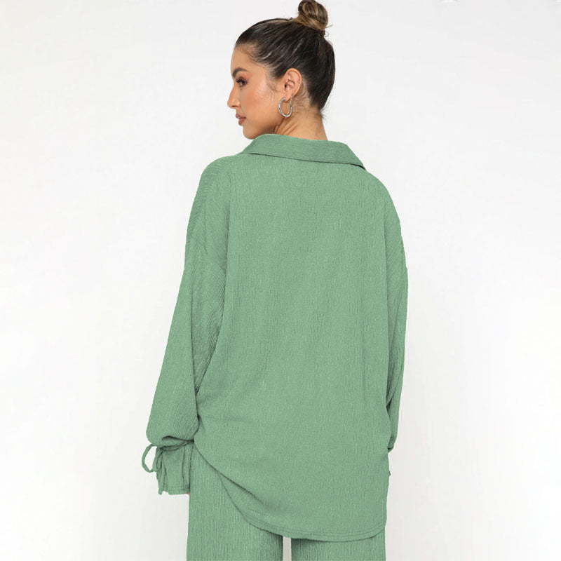 VVZ Women's Solid-Color Collared Button-Down Shirt and Slit-Hem Trousers Set