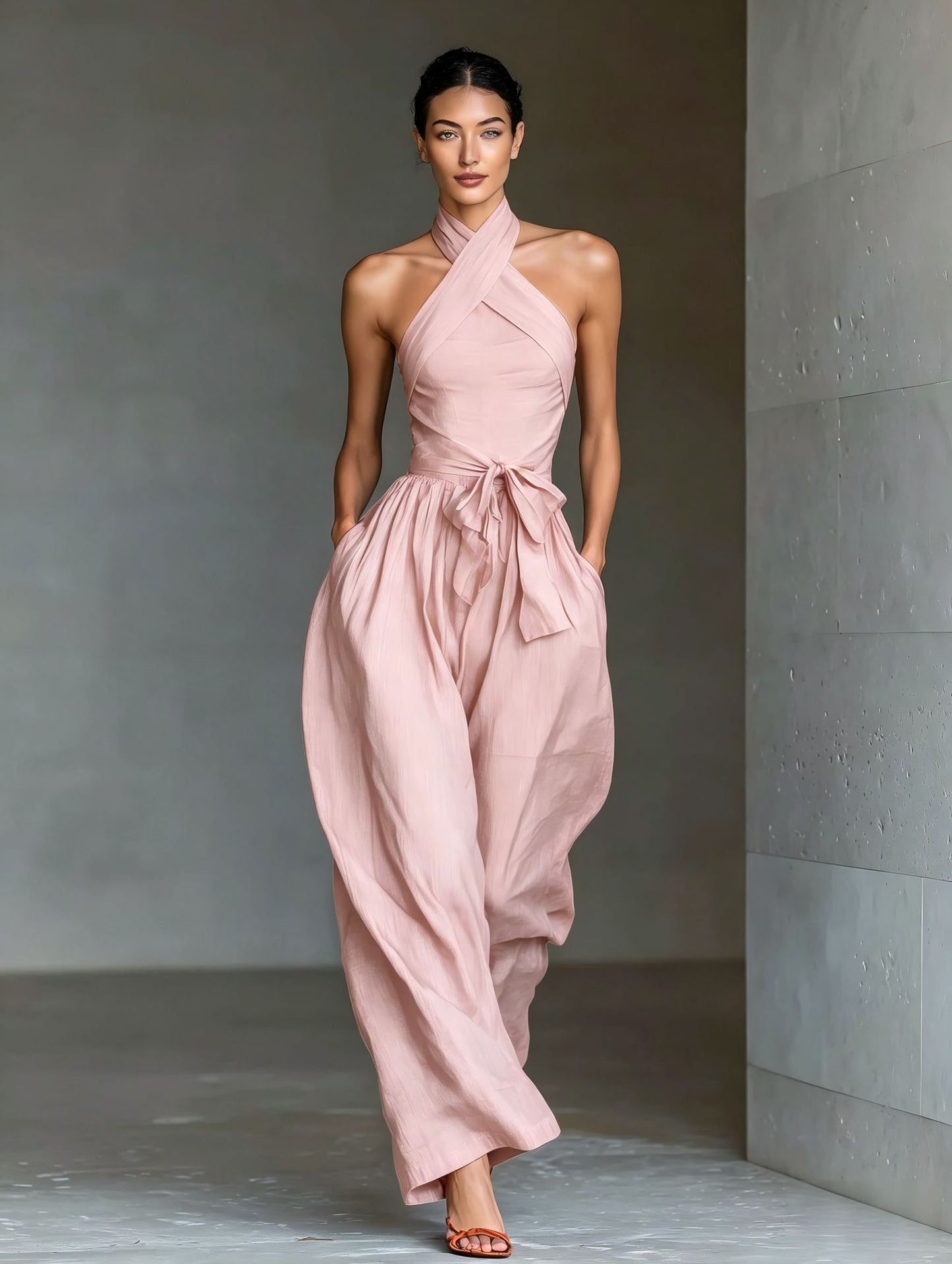 VVZ Women's Solid-Color Sleeveless Halter-Neck Tie-Front Jumpsuit