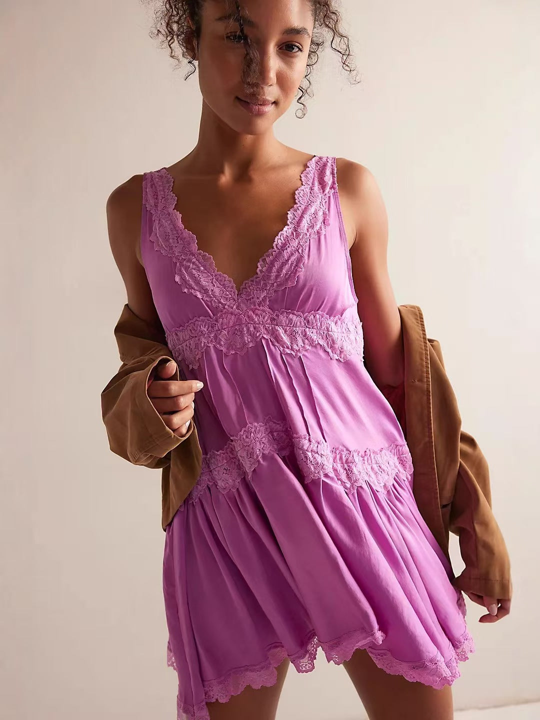 VVZ Boho-style lace-panel camisole mini dress